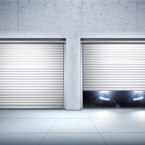 Garage realistic composition with opening door and car realistic vector illustration